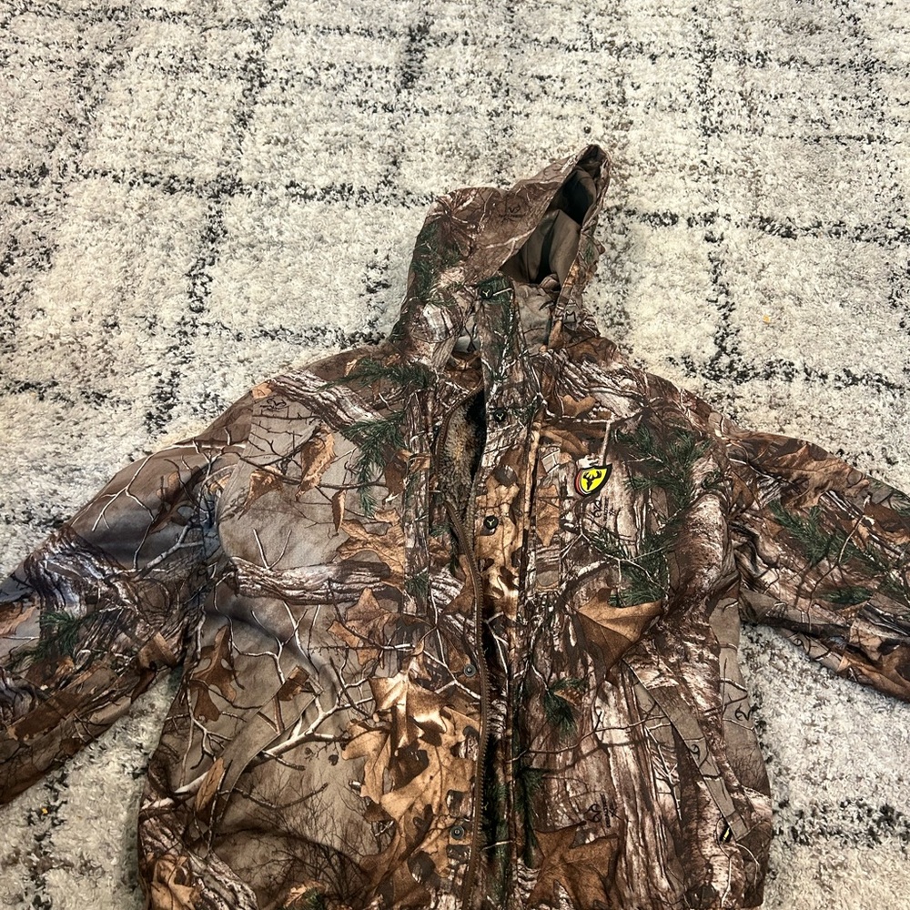 Green and Brown Puffer Jacket with Camouflage Design